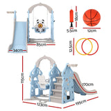 Kids 5-in-1 slide swing set with basketball hoop, dimensions and accessories including rings, ball, and safe swing.