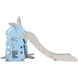 Kids 5-in-1 slide swing set in blue with a long slide and climbing structure, perfect for toddlers' play and activity.
