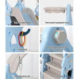 Kids slide swing set features: safe edges, removable hoop, ring game, quick assembly, double swing clip, and anti-slip steps.