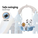 Kids slide swing set featuring a safe swing with a panda plush and secured safety belt for toddlers.