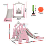 Kids slide swing set with basketball hoop, featuring dimensions and accessories, perfect for toddlers' playtime.