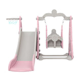 Kids slide swing set with basketball hoop for toddlers, featuring a slide and swing in pink and gray design.