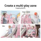 Kids engaging in play with Keezi multi-play swing set featuring climbing, basketball, slide, and swing activities.