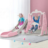 Kids playing on a pink swing set with slide and basketball hoop, promoting outdoor fun and physical activity.