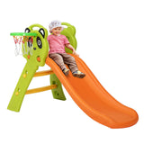 Child playing on Keezi Panda Slide Set with basketball hoop, safe eco-friendly design for fun outdoor play.