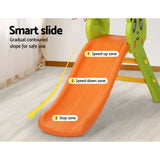 Smart slide for kids with gradual contour for safe play, featuring speed-up, speed-down, and stop zones.