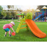 Kids playing with Keezi Panda Slide and Basketball Set in a park, featuring a slide and basketball hoop.