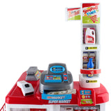 Kids pretend supermarket playset with checkout station, accessories, and working barcode scanner for role play.