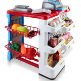 Colorful kids supermarket playset with mini trolley and food accessories for imaginative role play.