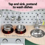 Kids pretend kitchen play set featuring a tap and sink for washing dishes, with pots and utensils.