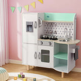 Kids Wooden Kitchen Play Set with fridge, stove, sink, and colorful design for imaginative play.