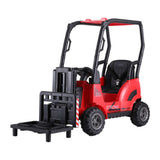 Kids electric forklift loader car in red, featuring a steering wheel, safety seat belt, and remote control for realistic play.