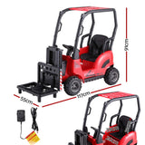 Kids electric forklift loader in red, featuring remote control, safety seat belt, and realistic driving experience.