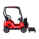 Kids electric forklift loader car in red with steering wheel and remote control for outdoor fun.