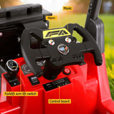 Close-up of the control panel for kids electric forklift loader, featuring steering wheel, horn, music, and lift switch.