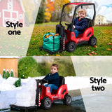 Kids electric forklift loader cars in red, featuring two styles: hauling bags in one and clearing snow in another.