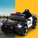 Kids electric patrol police car in black with lights, 12V ride-on toy for fun and realistic driving experience.
