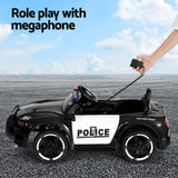 Kids electric police car with megaphone for fun role play and realistic driving experience.