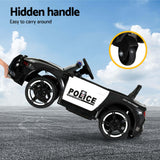 Kids police car with hidden handle for easy carrying and maneuvering, perfect for young drivers.