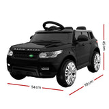 Kids ride-on SUV car in black, inspired by Range Rover, featuring realistic controls and safety seat belt.