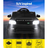 Kids Ride On SUV car in black, featuring dual motors, 12V battery, music, and remote control for safe driving fun.