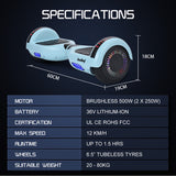 BULLET SX-2000 Hoverboard Scooter, 500W Brushless, Superior Self Balancing System, UL Certified, LED Lights, Mint Green