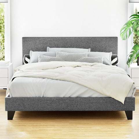 Neo Queen Size Bed Frame Upholstered in Grey Boucle with Textured Headboard