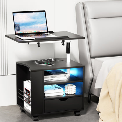 Bedside Table with USB Charging & LED Adjustable Laptop Tray