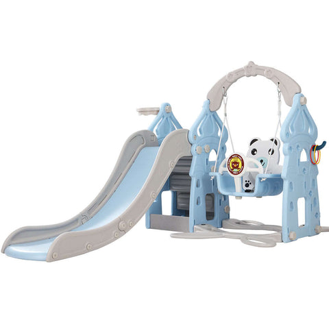 Kids slide swing set in blue with swing, slide, basketball hoop, and panda design for outdoor play.