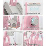 Kids slide swing set features safe rounded edges, removable basketball hoop, and easy assembly with quick-fastening nuts.