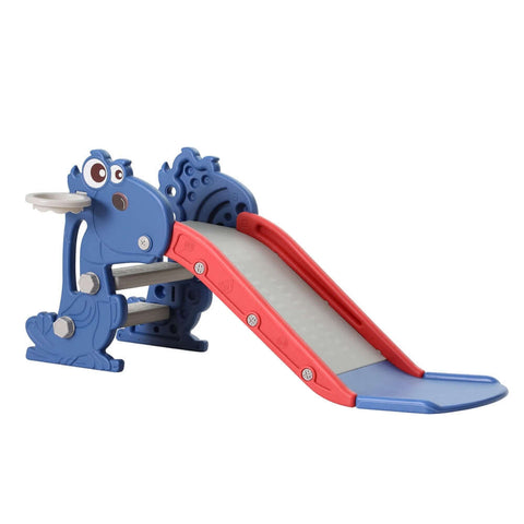 Kids slide set with basketball hoop, featuring smooth surface and secure grip handles for safe climbing.