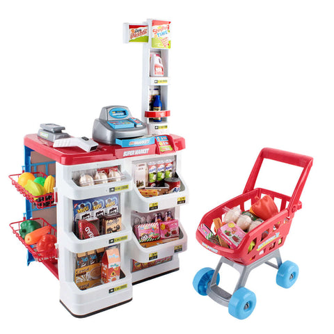 Colorful kids supermarket pretend playset with mini trolley and accessories for role play shopping.