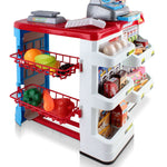 Colorful kids supermarket playset with mini trolley and food accessories for imaginative role play.