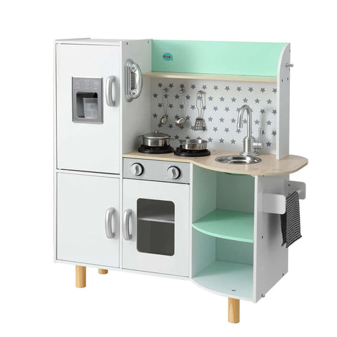 Kids pretend kitchen play set with oven, stove, sink, and refrigerator for imaginative play.