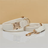 L Beige Luxury Velvet Pet Collar & Leash Set - Engravable Dog Collar with Gold Hardware