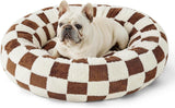 50cm Round Pet Bed Brown & White Checkerboard - Soft Plush Donut Cuddler for Small Dogs & Cats - Calming Anxiety Relief & All-Season Comfort