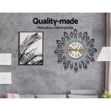 60 cm Wall Clock – Large 3D Peacock Crystal Silver